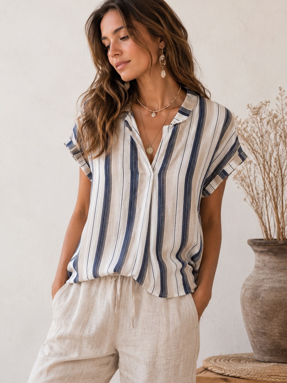 Via Vitale 100% Linen Striped Button Front Blouse Large | Made in Italy 🇮🇹